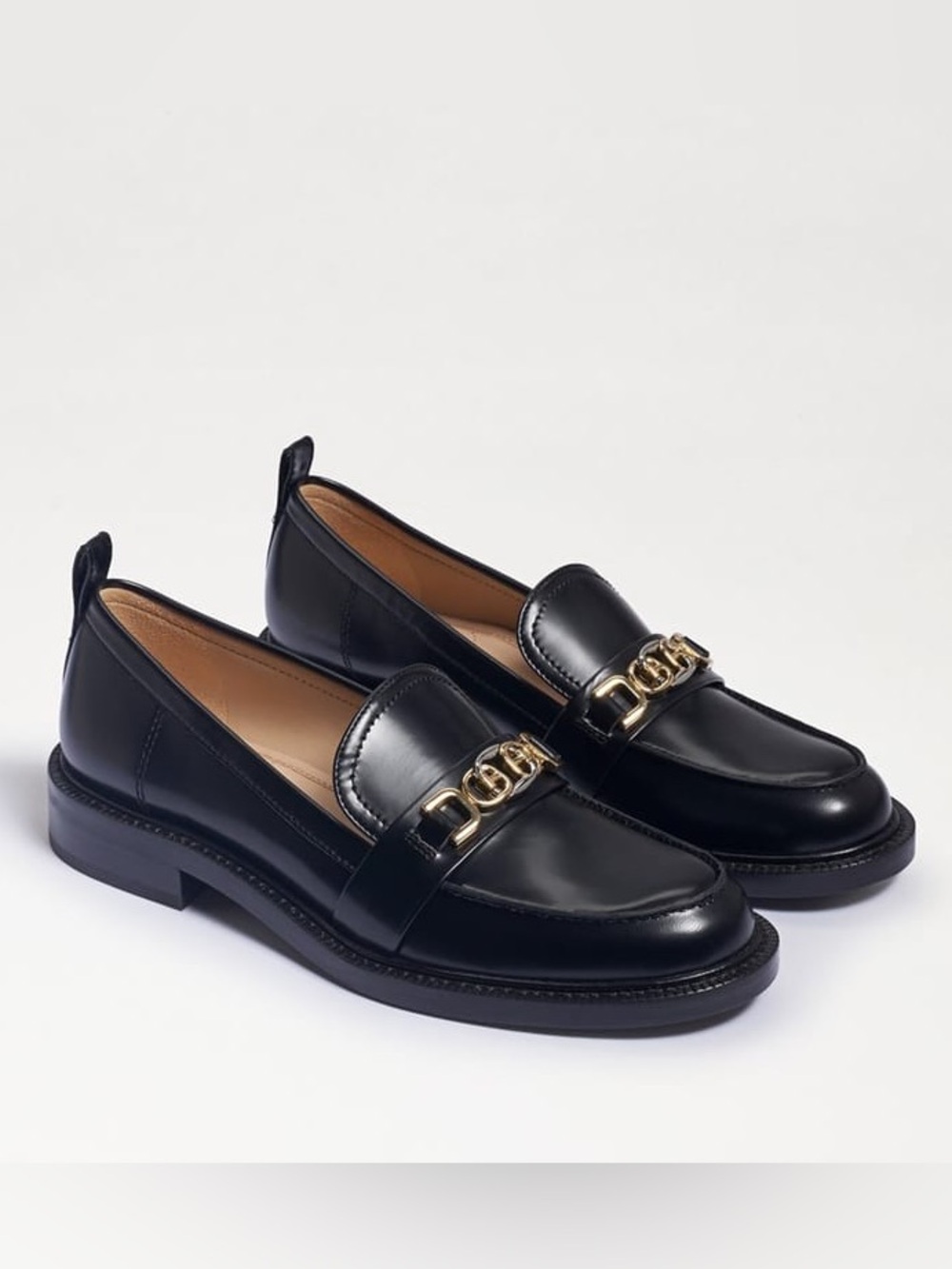 $150 Sam Edelman Christy Black Patent Leather Chain Almond Toe Loafers Size 7